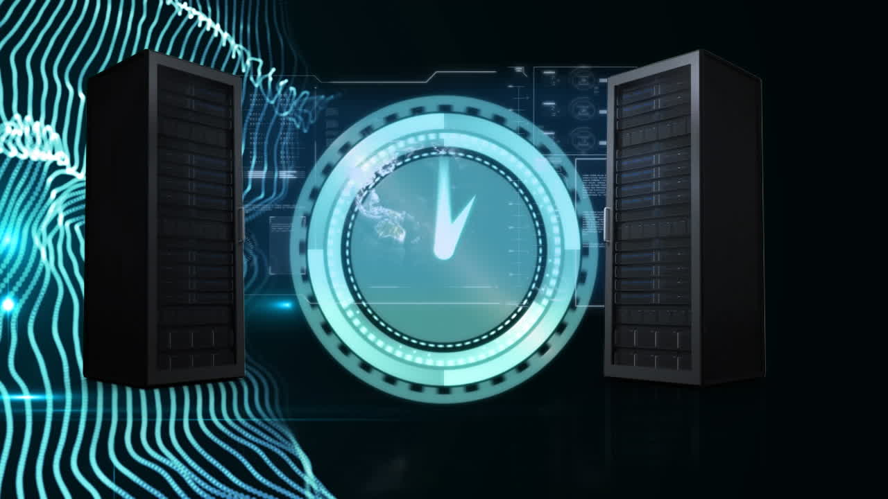 Animation of clock moving fast over digital screen with computer servers