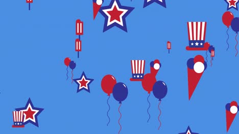 Animation-of-american-flags-and-independence-day-icons-moving-over-blue-background