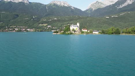 Low angle drone view across Lake Annecy France