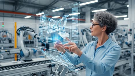 innovative automation: a professional engineer engaging with advanced robotic technology in a high-tech industrial environment displaying future manufacturing techniques