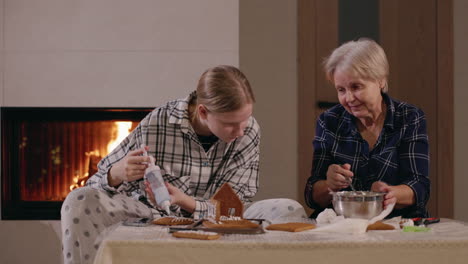 grandmother and granddaughter making a gingerbread house