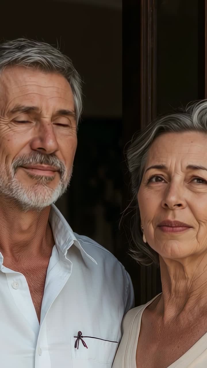 Vertical video: Glancing man drawing woman's gaze in doorway, wearing white shirt, earrings