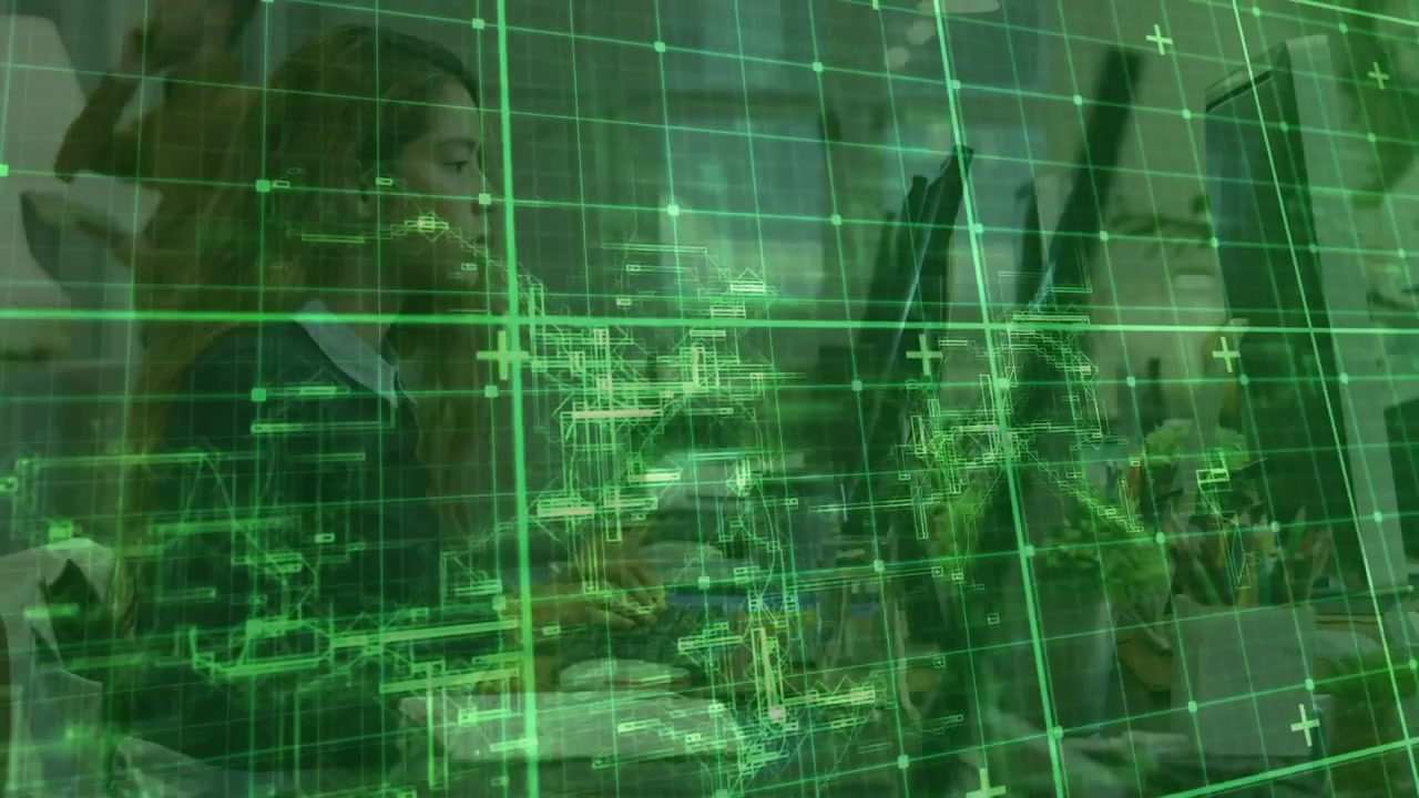 Vertical video: Woman typing, camera panning, green HUD tracking monitors for workflow review