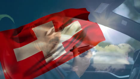 Driving car with Swiss flag animation, man in bright sunlight through window