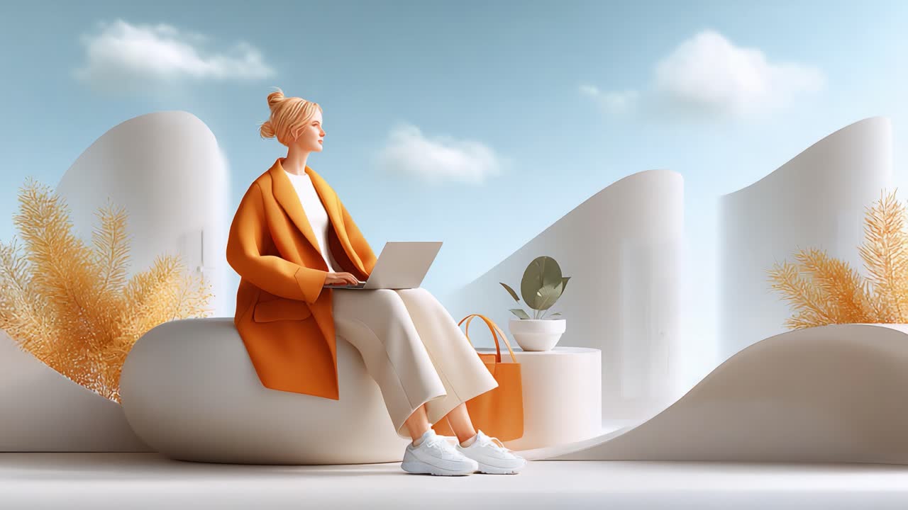 A Stylish Young Woman Engaged in Work on Her Laptop Surrounded by Modern Art with Natural Elements, Blending Comfort and Creativity in a Contemporary Setting