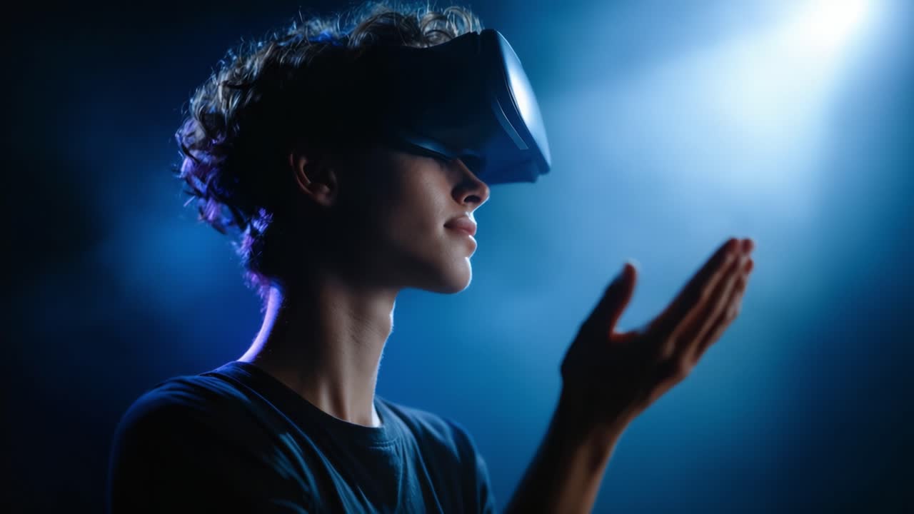 Esplorando nuove realtà: una persona giovane interagisce con la tecnologia virtuale in un ambiente onirico fatto di luci e ombre