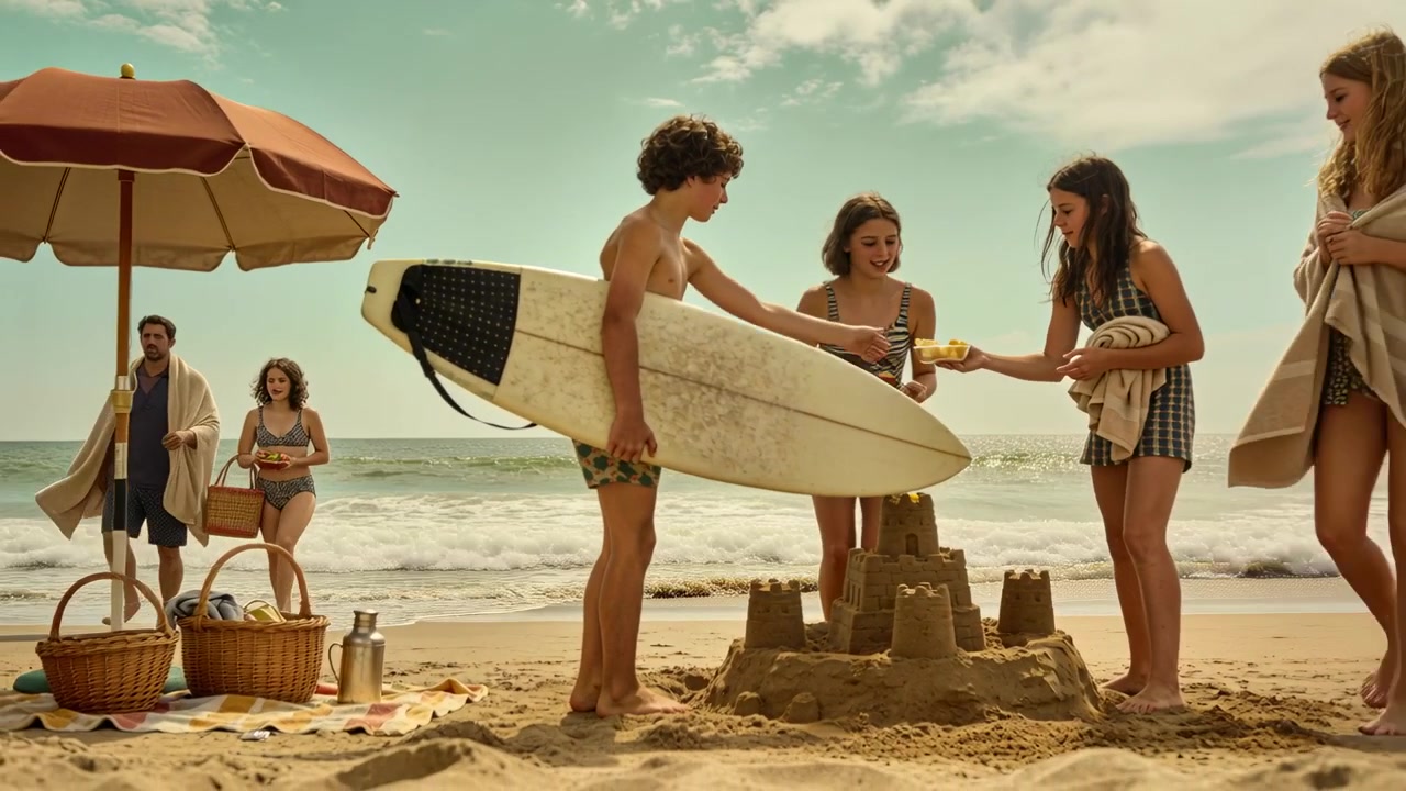 Ragazzo a torso nudo che si avvicina portando una tavola da surf, incitando gli adolescenti che finiscono un castello di sabbia in spiaggia