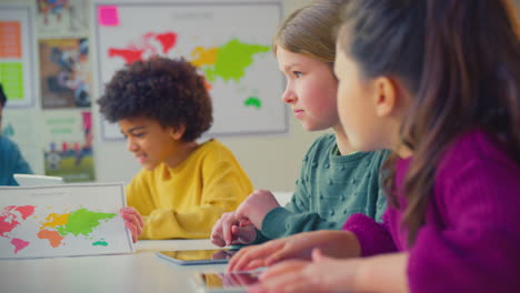 Estudiantes-De-Escuela-Primaria-Con-Tabletas-Digitales-Mirando-El-Mapa-En-La-Lección-De-Geografía-En-El-Aula