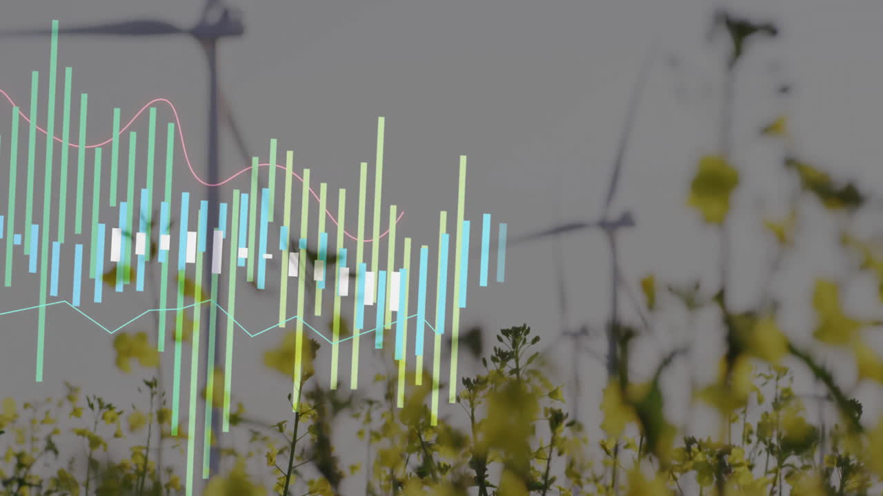 Wind turbines with animation overlay and flowers in scenic landscape