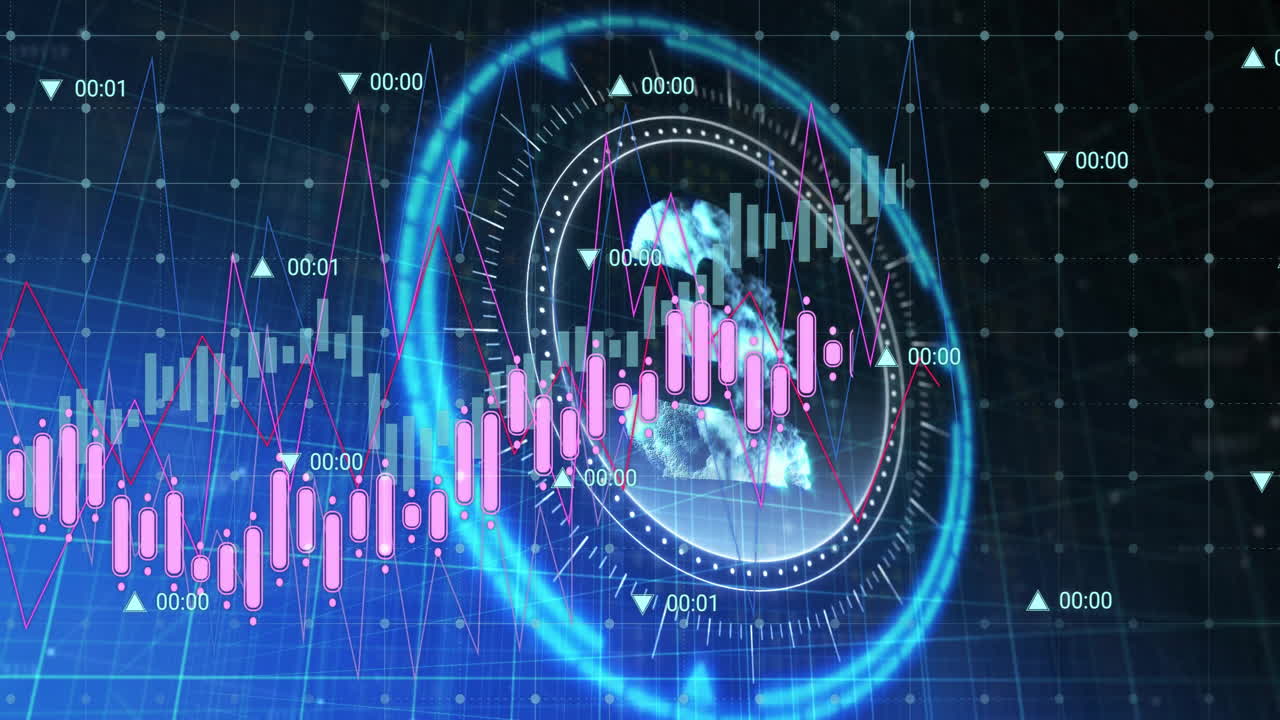 Animation of data processing and diagrams over scope scanning with pound symbol