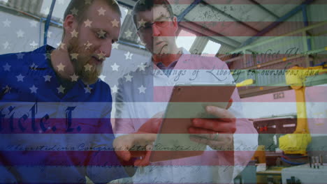 animation of american flag waving over man in the background