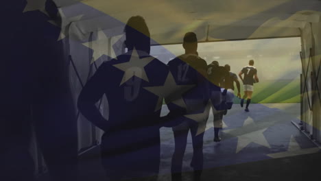 animación de la bandera de bosnia y herzegovina sobre un equipo de rugby masculino diverso que corre hacia el campo