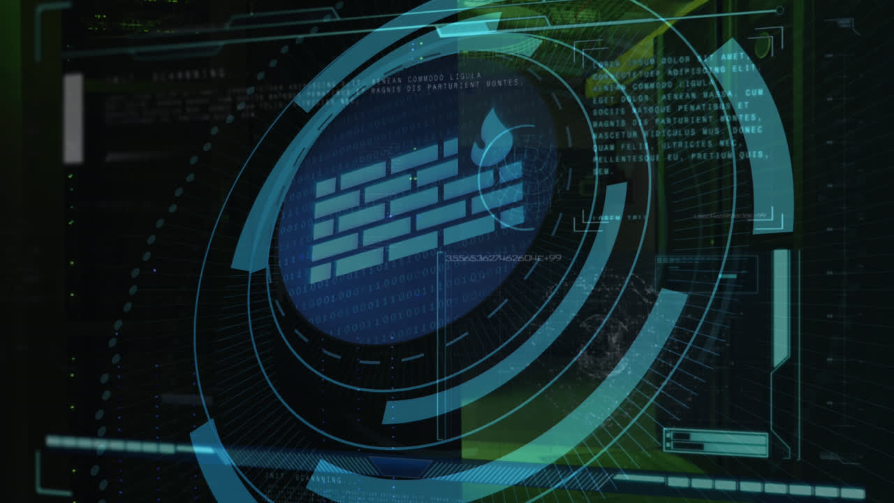 Animation of wall icon and data processing over server room