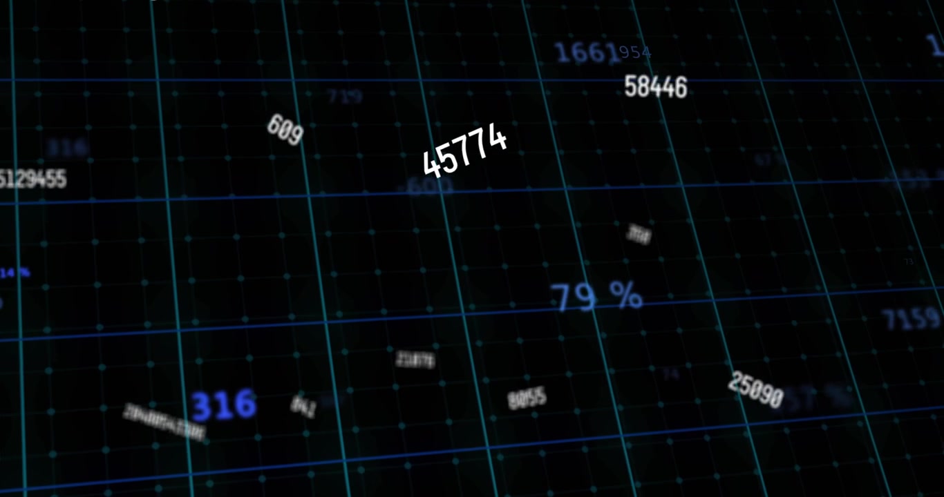 Camera starting glide over cyan 3D grid, numeric labels floating and rotating, visualizing data