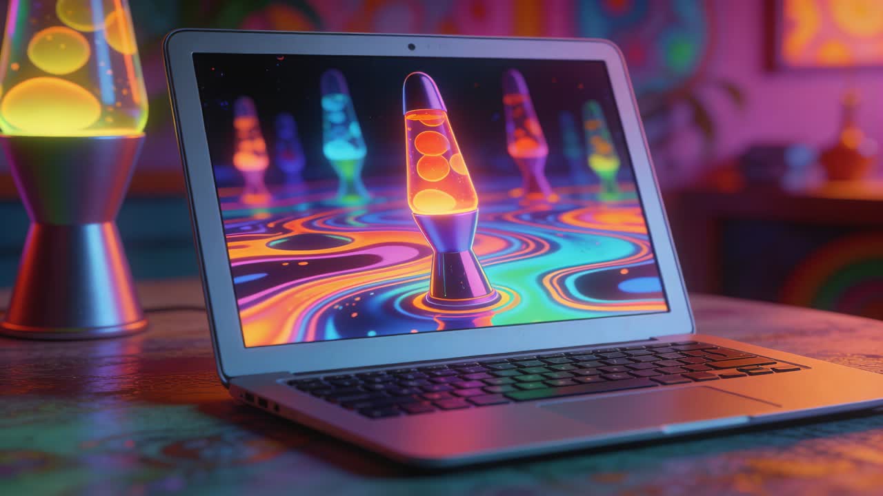 Una lampada lava accesa, un laptop aperto che mostra cera su un tavolo a fantasia, creando atmosfera.