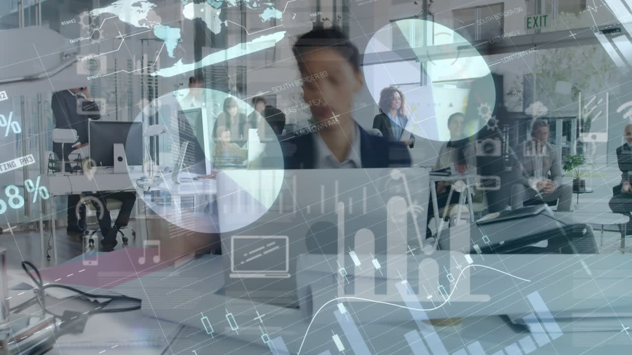 Digital composition of financial data processing against business people working in office