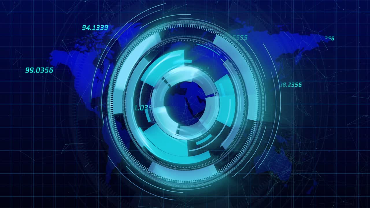 animación de un escáner redondo de neón sobre el mapa del mundo contra un fondo azul