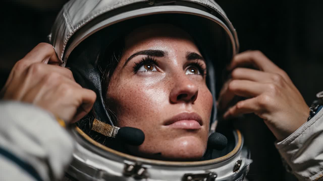 Skupiona astronautka przygotowuje się do eksploracji kosmosu, ukazując determinację i odwagę podczas dopasowywania hełmu przed podróżą poza Ziemię