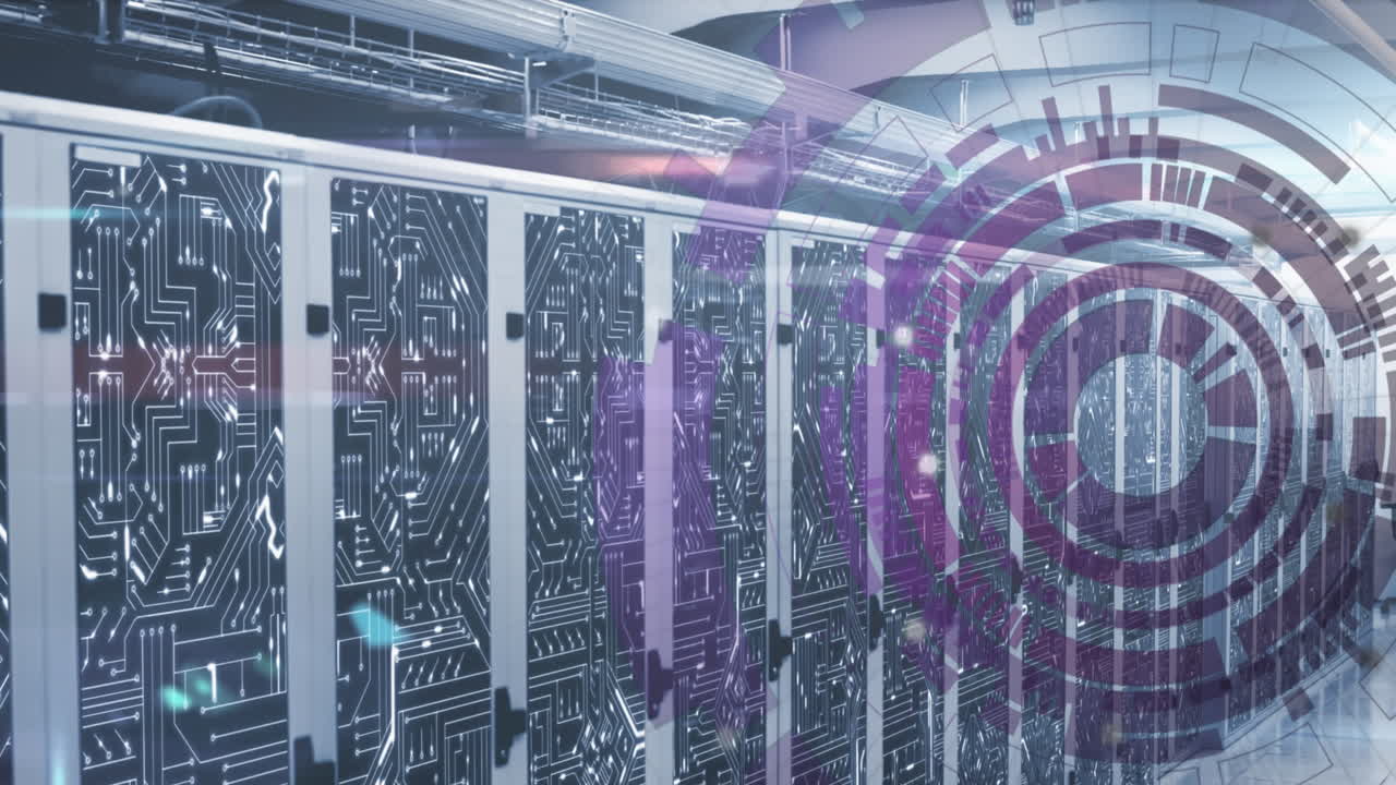 Animation of loading circles over circuit board pattern on server racks in server room