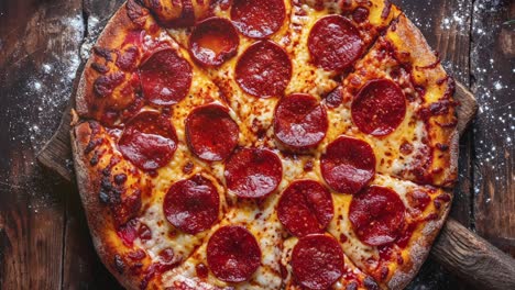 delicious pepperoni pizza on wooden table top view