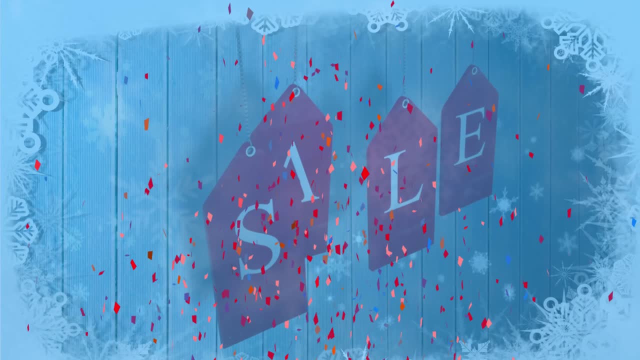 크리스마스 에 판매 문자 위 에 떨어지는 콘페티 의 애니메이션