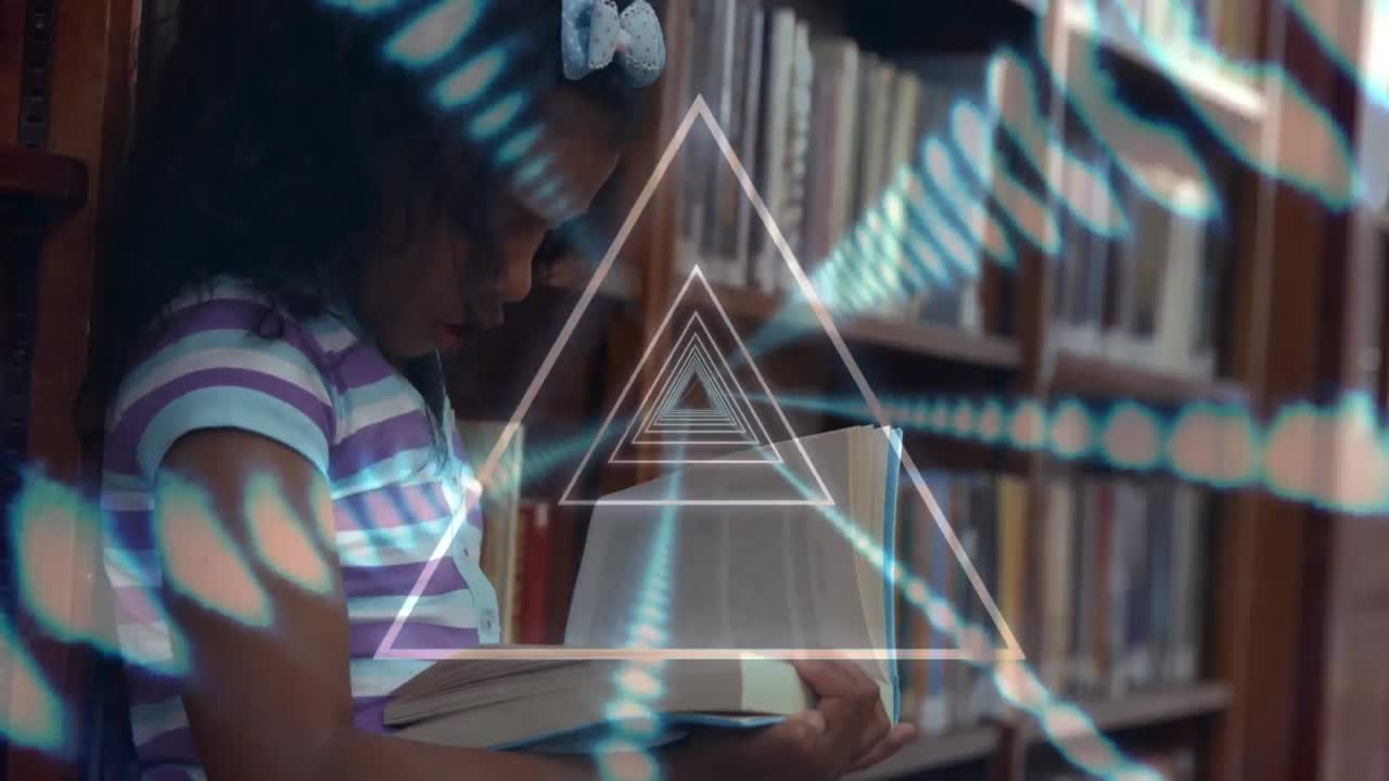 Animation of connections and data processing over schoolgirl reading