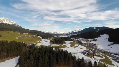 flying drone over swiss alps in austria