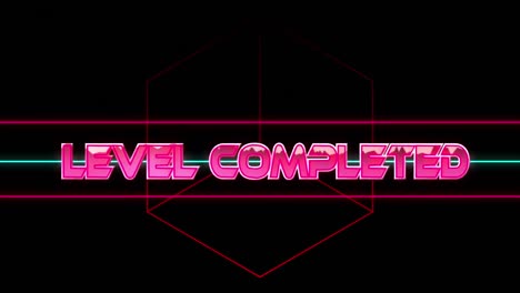 animation of level completed text in pink metallic, over neon lines on black