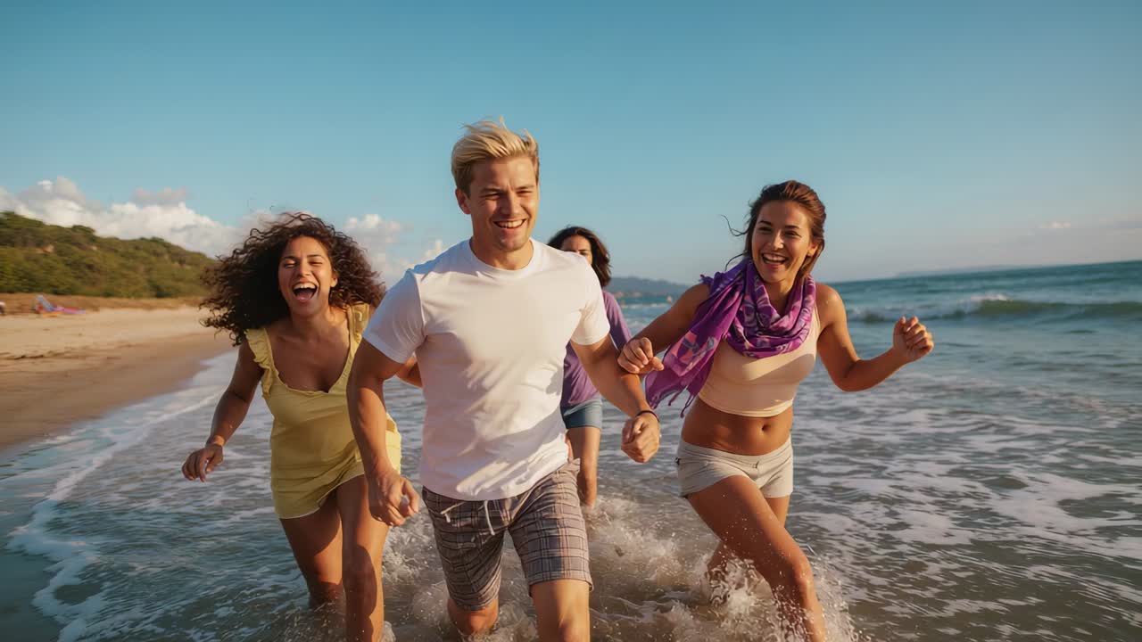 Amici che ridono correndo verso la fotocamera su una riva sabbiosa in una giornata di sole, indossando una maglietta bianca e un vestito giallo