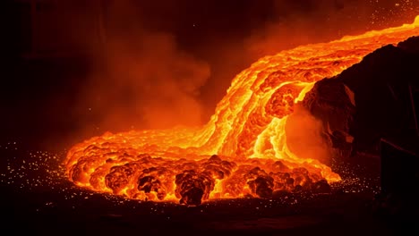 a stunning display of molten lava flowing vigorously from a lava source, radiating heat and brightness while creating an explosive and fiery scene