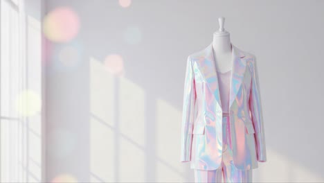 a stylish, iridescent suit on display: captivating fashion with a modern touch showcased in soft lighting and a minimalistic background