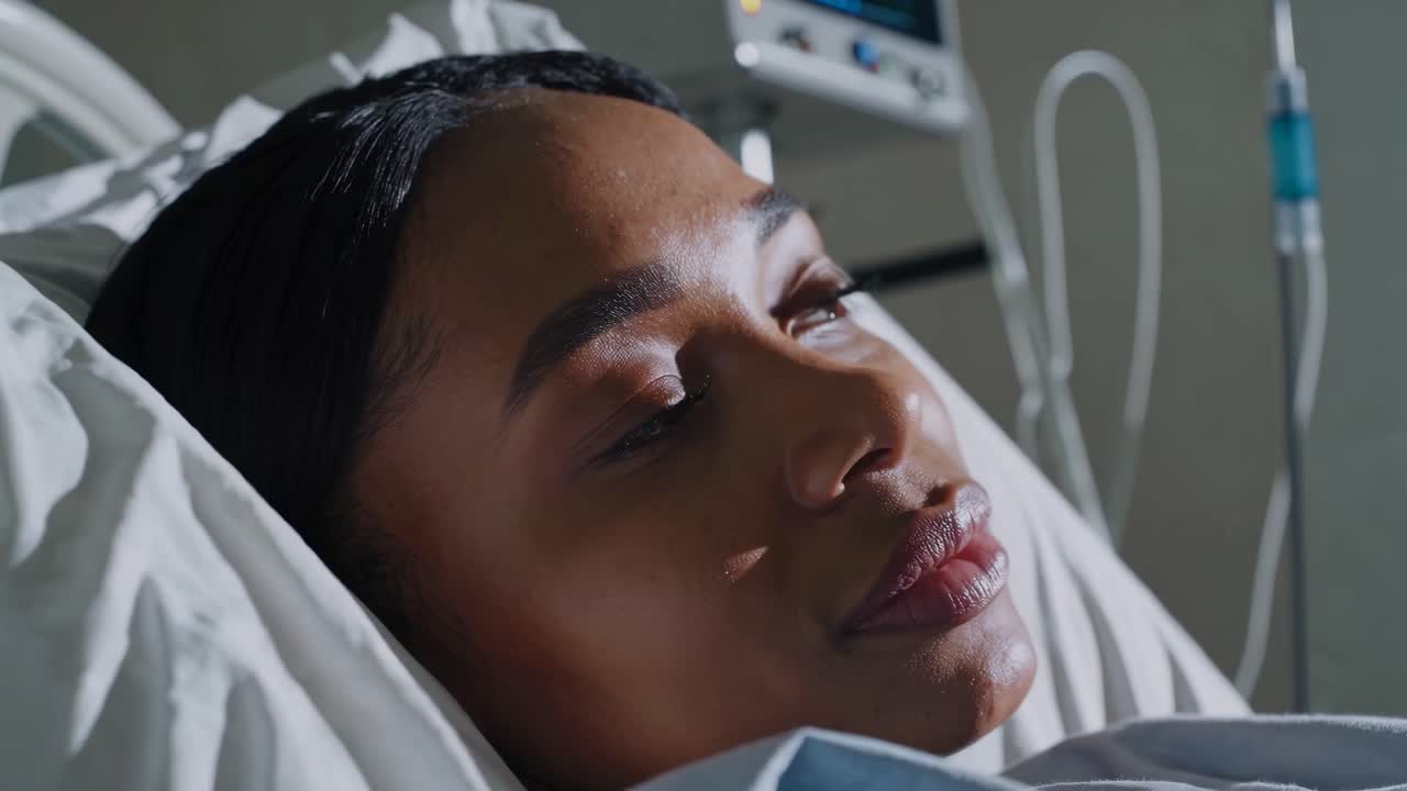 Close-up shot of a woman lying in a hospital bed, with soft lighting and a thoughtful expression