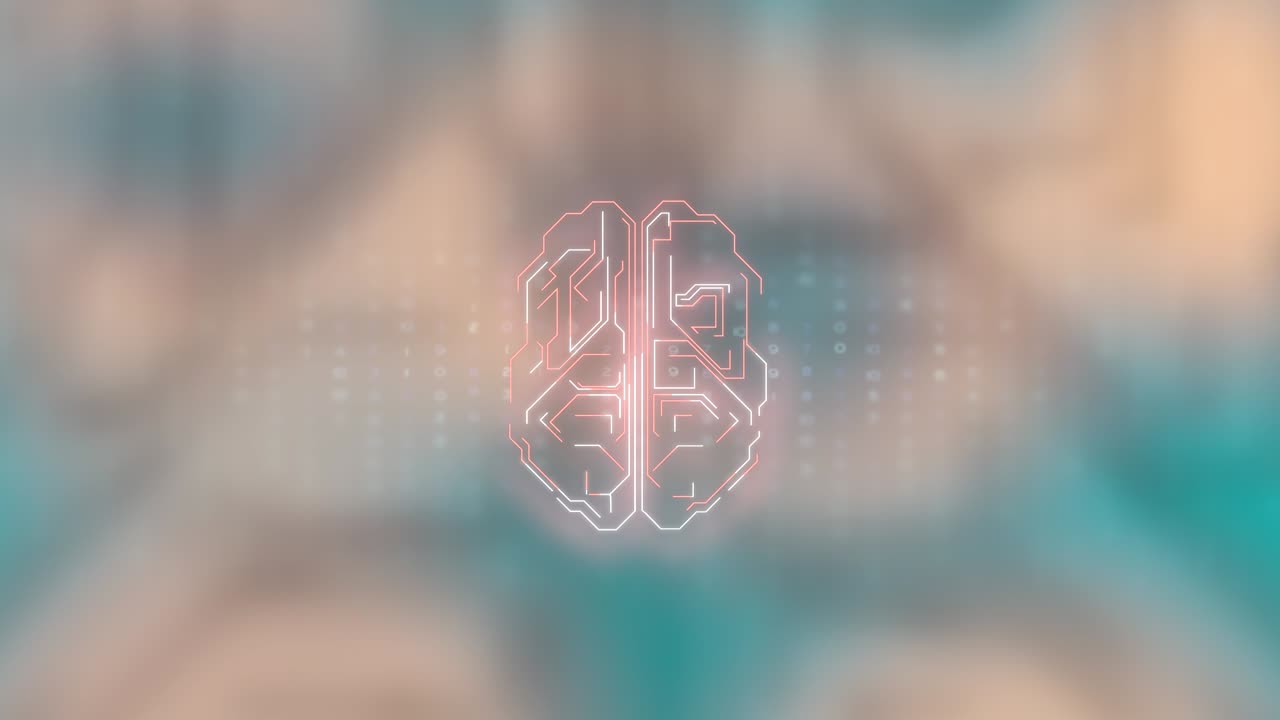 animación de inteligencia artificial. cerebro digital en el diseño de la placa de circuitos brillando, y filas de datos bajando.