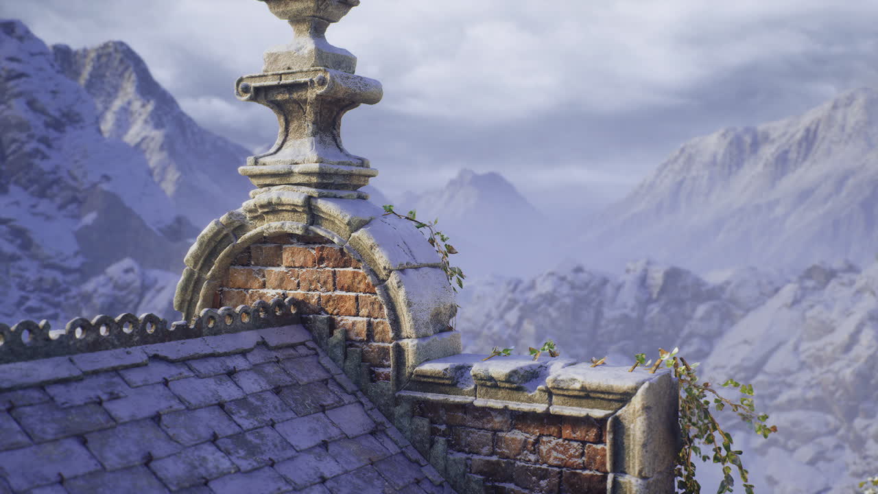 Scenic view of a snowy mountain landscape with rustic architecture