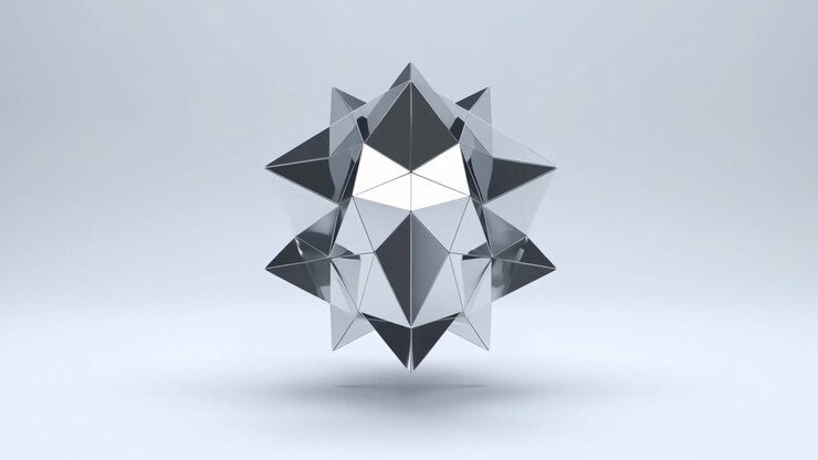 Chrome-like sphere develops layered edges, breaks into angular mirrored faces, then expands into pointed symmetrical geometry against a light gray background with soft floor shading.