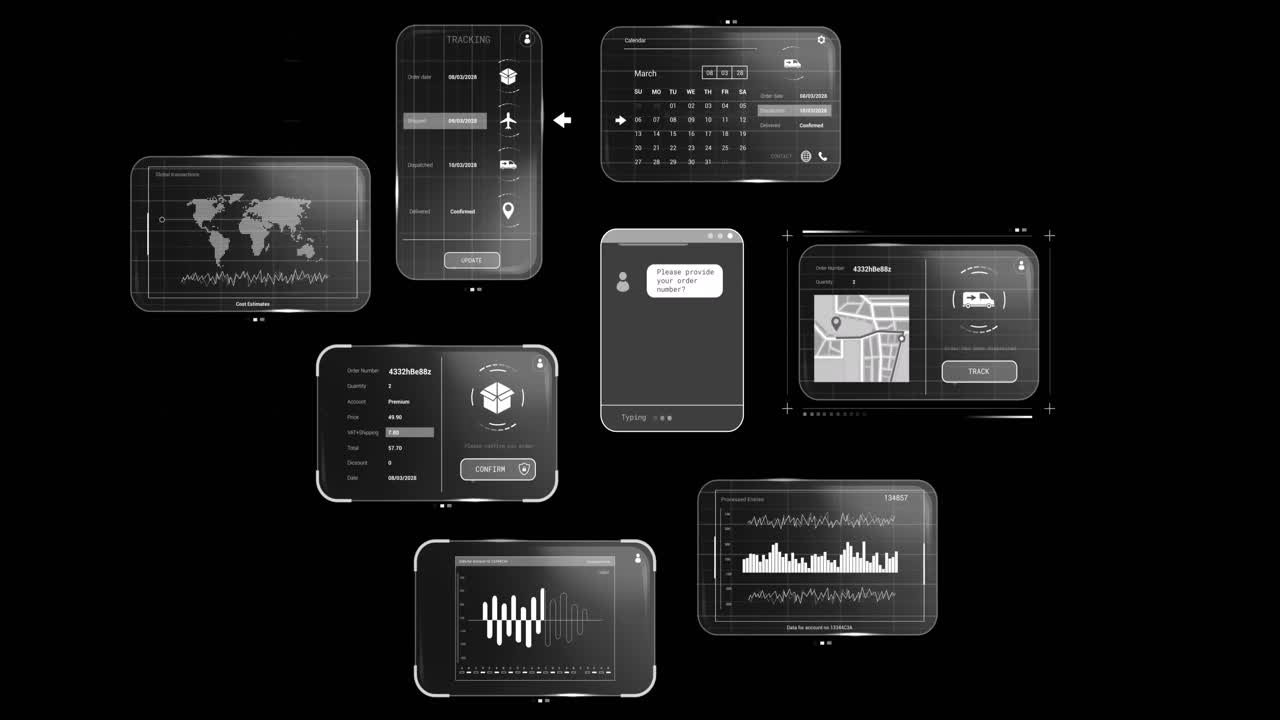 animación del procesamiento de datos en pantallas sobre fondo negro