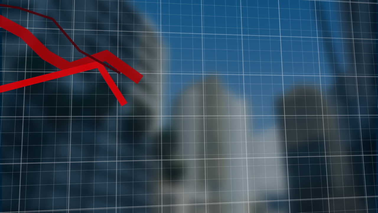 Animation of statistical data processing over grid network against view of tall buildings