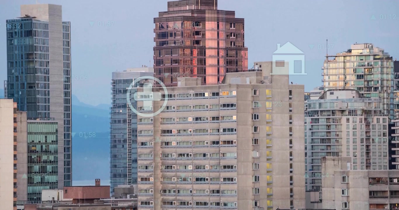 Animação de ícones e processamento de dados financeiros sobre paisagem urbana
