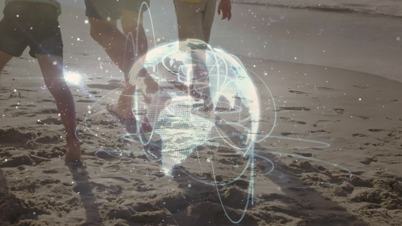 Animação de globo giratório iluminado com redemoinhos contra família caucasiana na praia