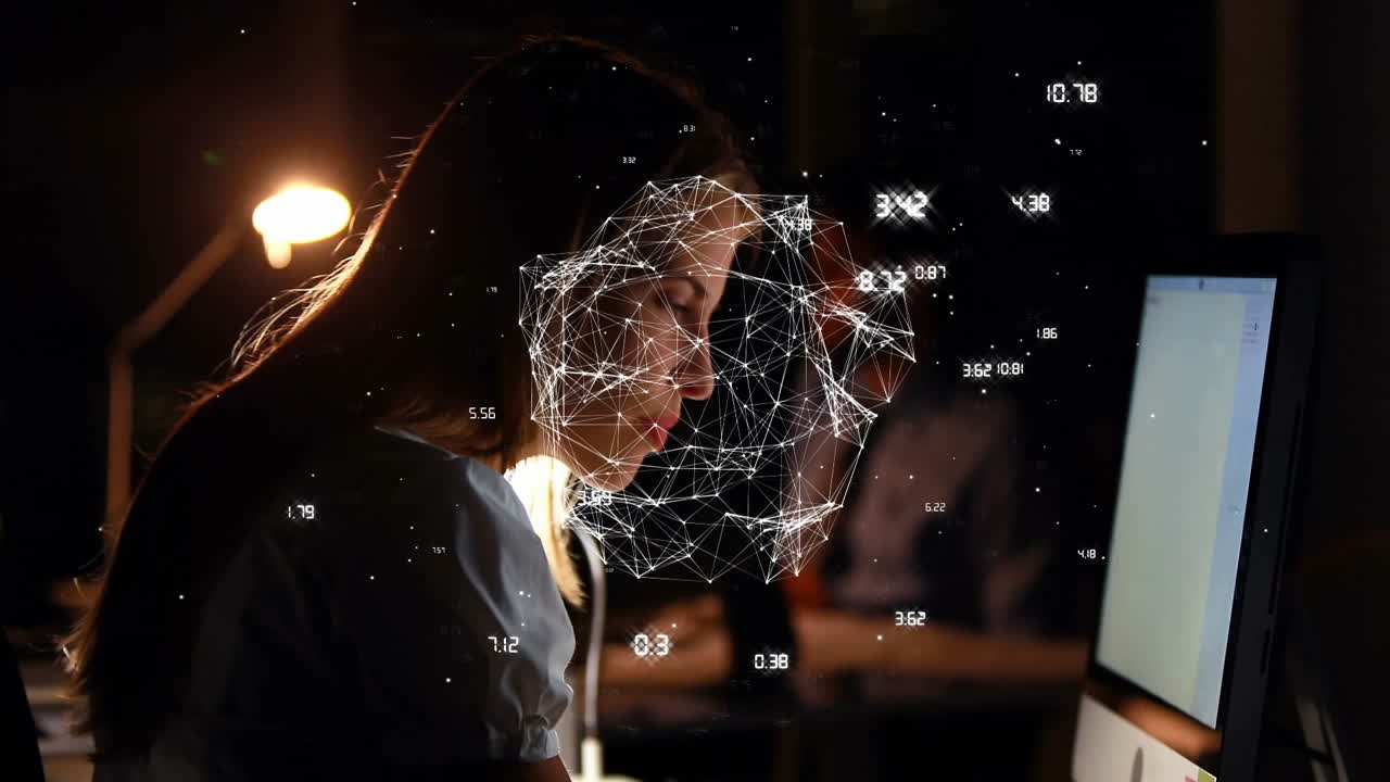 Interacting with animation, woman using digital network interface in dimly lit room