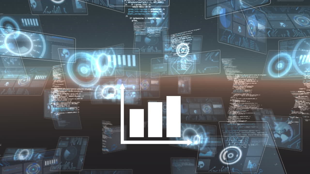 Bar graph icon against against multiple round scanners and data processing on blue background