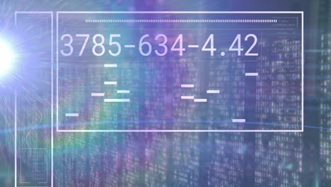 animation of light spot and data processing against screens of mosaic squares on blue background