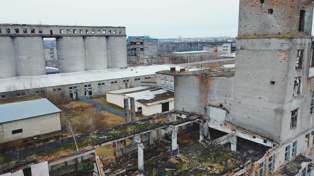 View of the old ruined buildings of the city. Abandoned factory top view