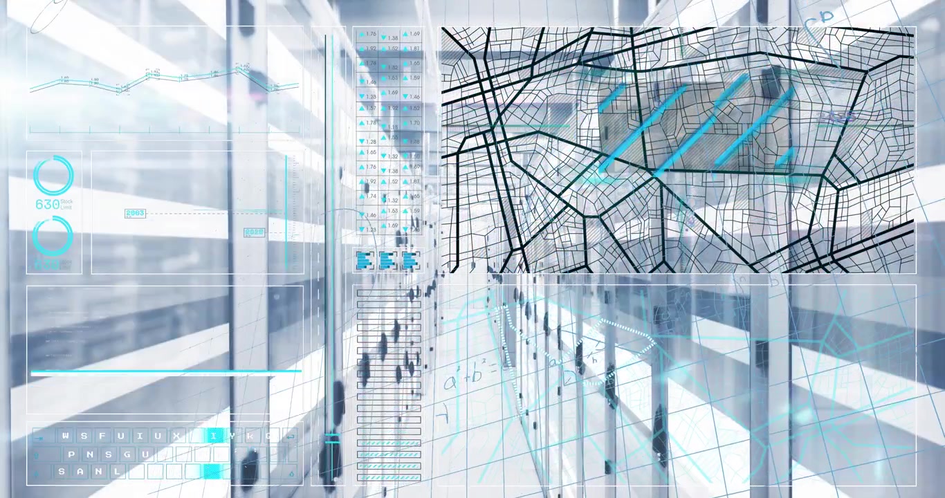 Digital Data Visualization Overlaid on Server Room Corridor