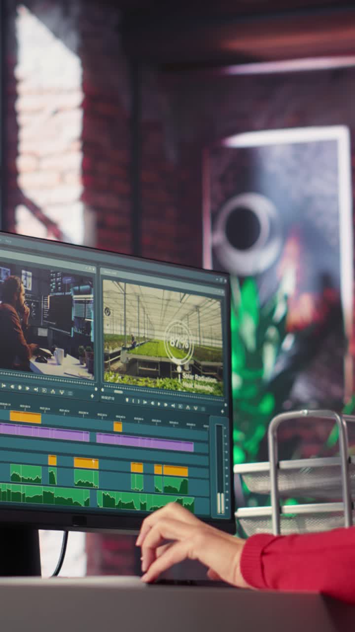 Vertical Video Woman video creator working on editing a movie montage project