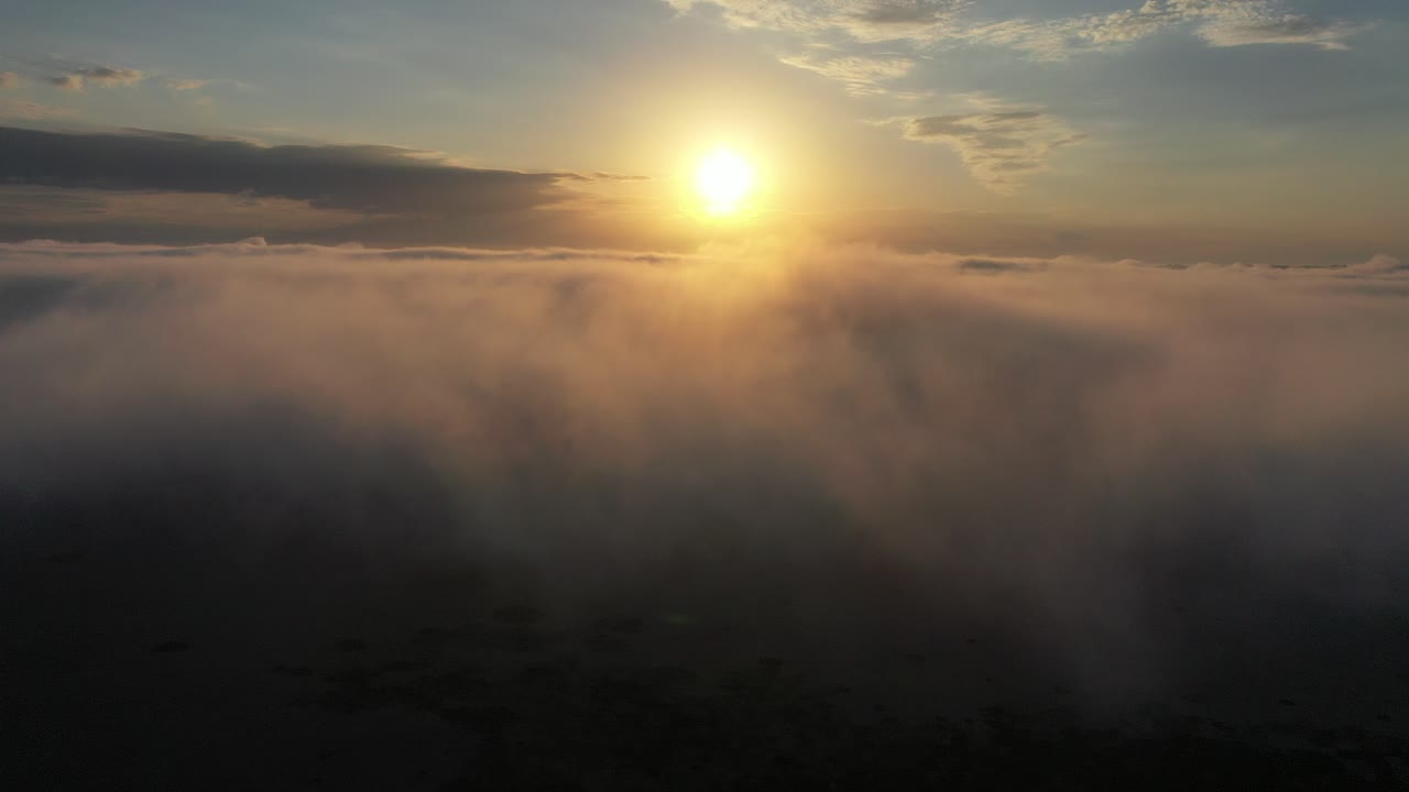 amanecer o atardecer a través de un paisaje de niebla