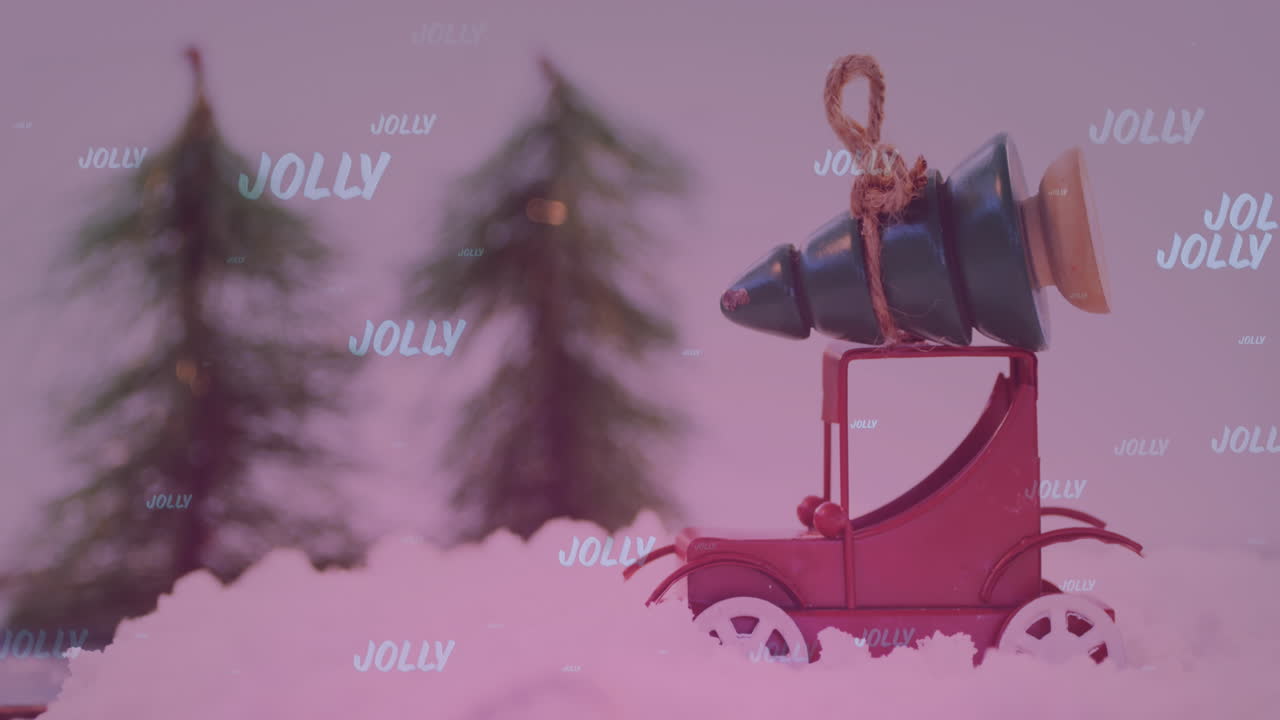 Animation of jolly text over model car carrying christmas tree in snowy landscape