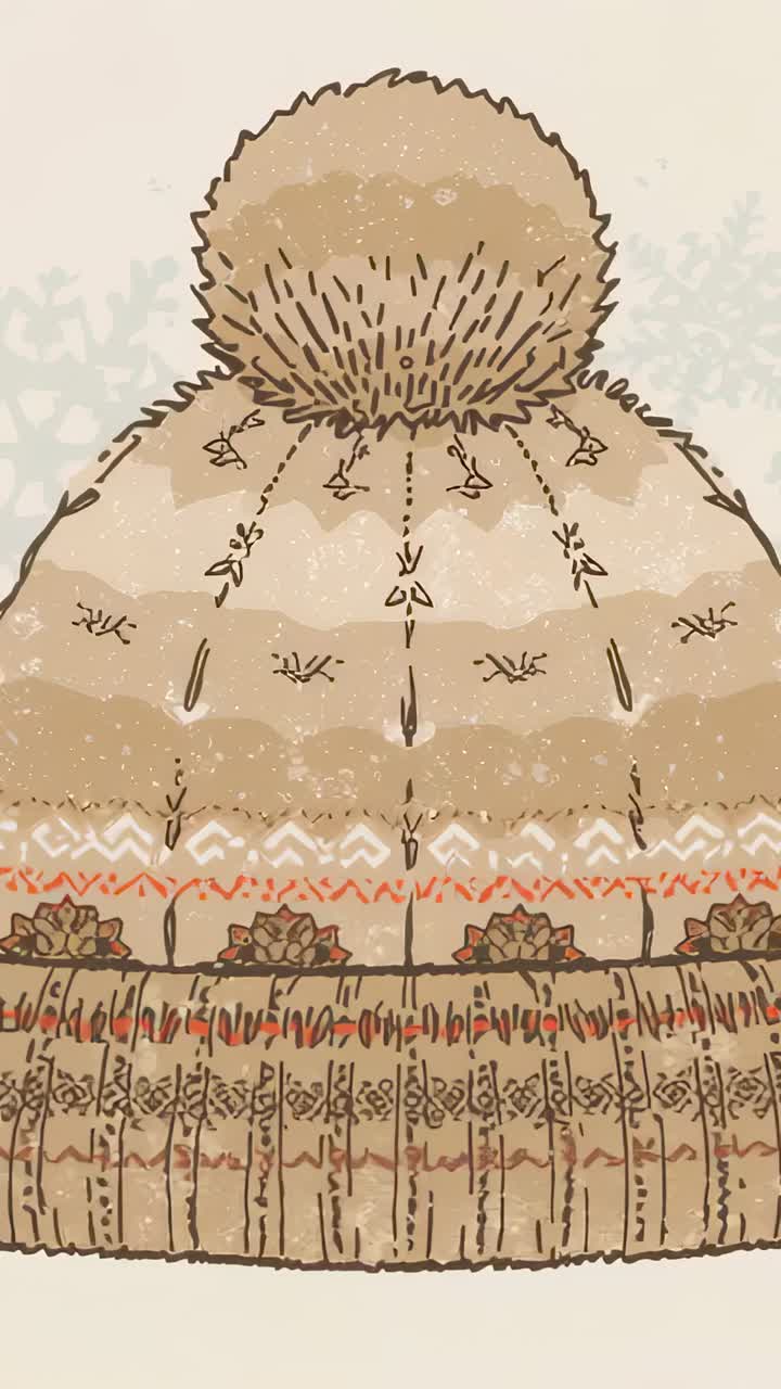 Vertical video: Camera reframing knit beanie on beige, revealing pom-pom and fair isle details