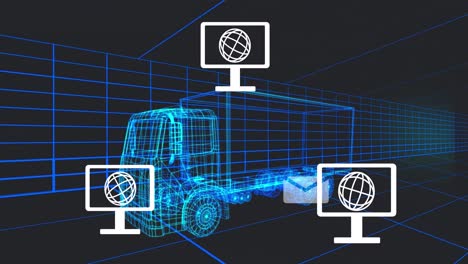 Animation-of-computer-networking-icons-over-3d-truck-model-moving-in-seamless-pattern-in-a-tunnel