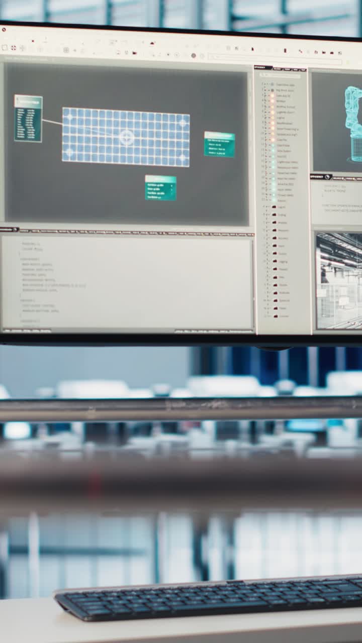 Vertical video Monitor in industry 4.0 industrial plant used to automate robotic machines